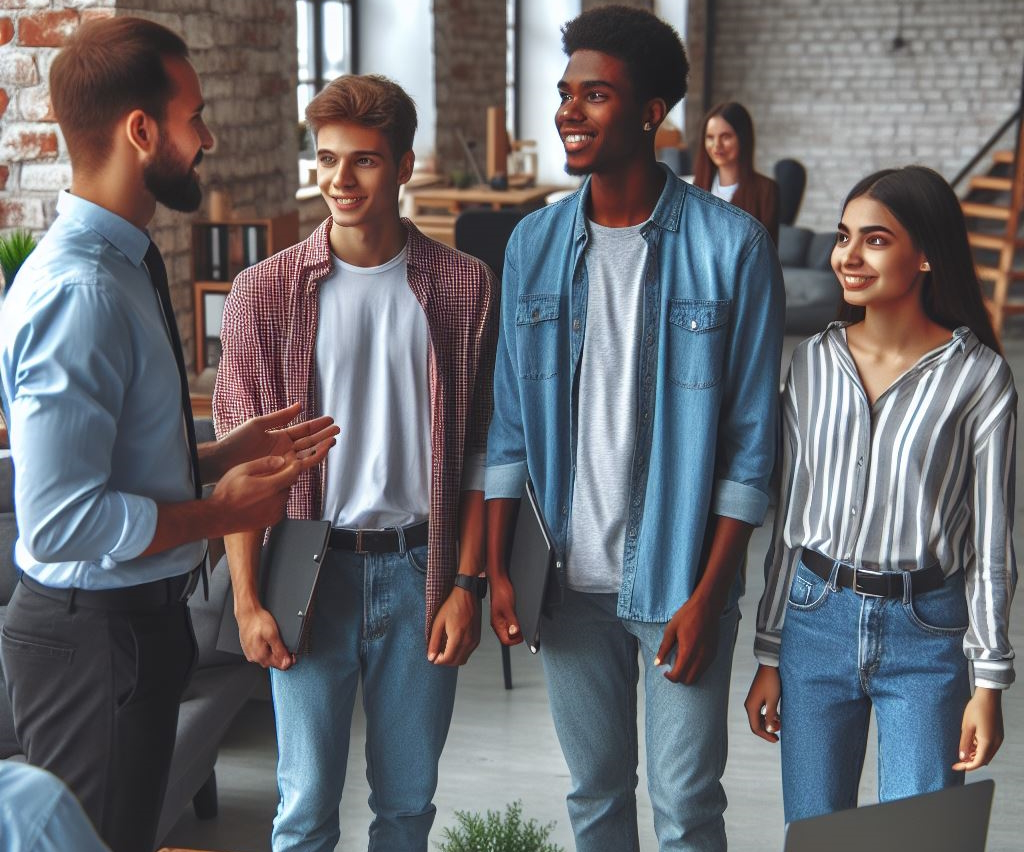 3 new employees listen to their team leader on a first day at work.