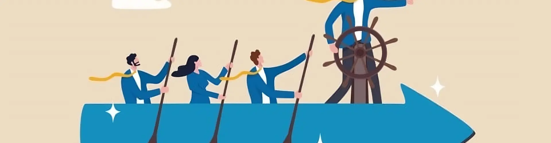 A leader points the way as his team row behind on a blue arrow