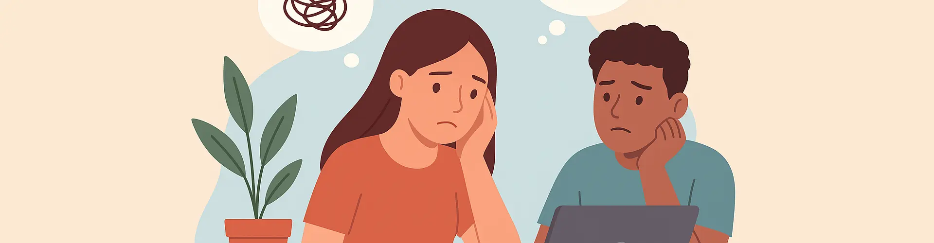 Two young people stare at a laptop, worrying about work.