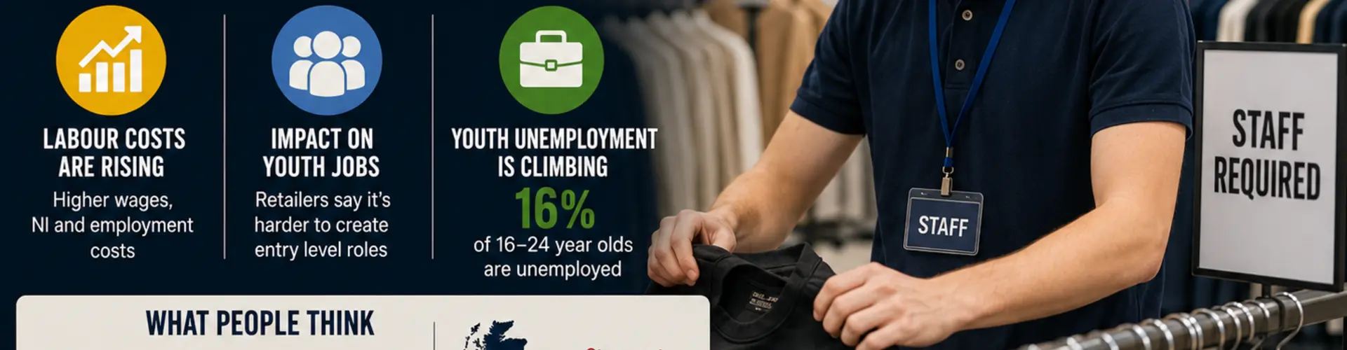 A young retail worker hangs clothes on a rail.