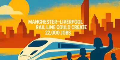 A graphic image shows a high speed train running through a city.