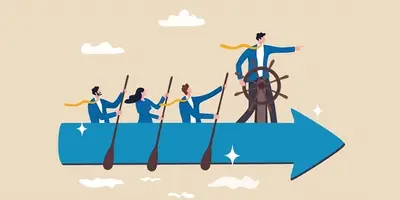 A leader points the way as his team row behind on a blue arrow