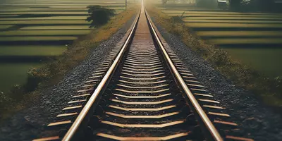 A railway track runs through the countryside.