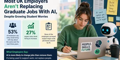 A graduate woman works on a laptop.