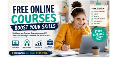 A lady studies online courses on her laptop.