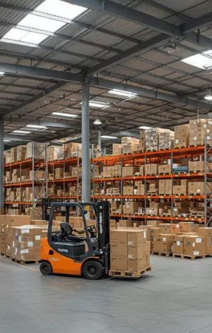 A forklift truck in a warehouse surrounded by stacked boxes and shelves