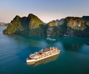 A cruise ship cruising in the ocean next to a green mountain island
