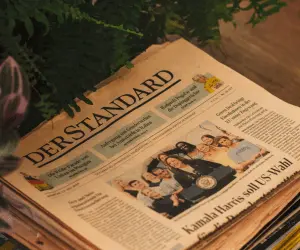 A stack of newspapers neatly arranged on a wooden table