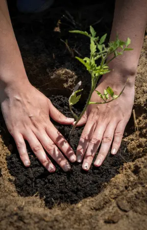 Two hands planting a plant in some soil