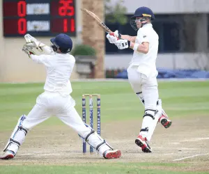 Two men playing cricket