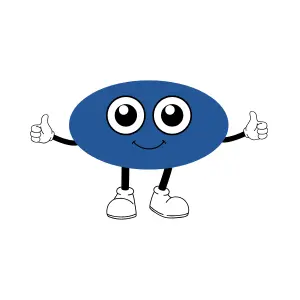 Blue pebble mascot with arms, legs, eye and a mouth